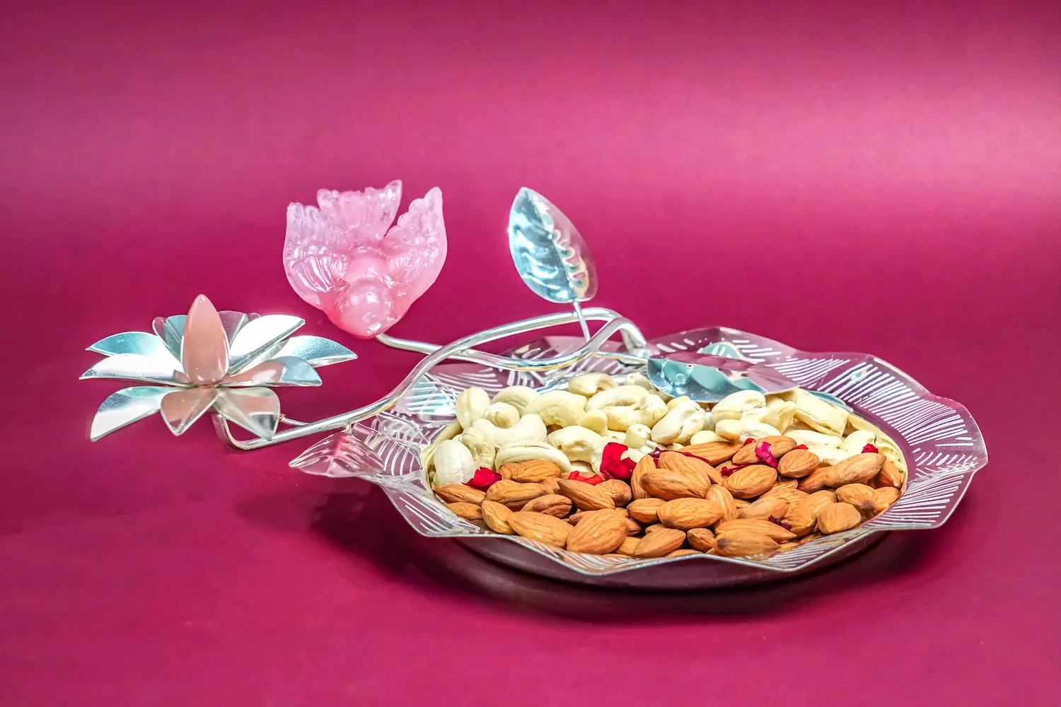 Silver Lotus & Rose Quartz Nut Platter