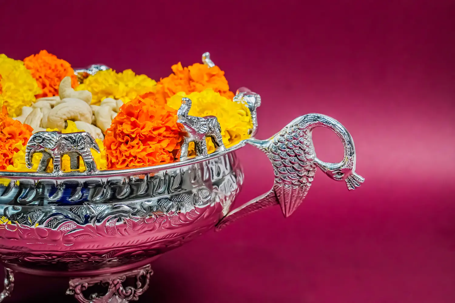 Silver Elephant & Peacock Urli Bowl