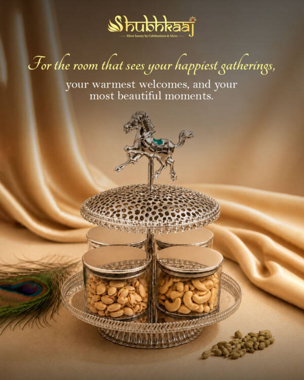 Horse Carousel Silver Dry Fruit Stand with 4 Jars