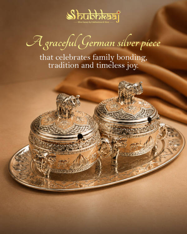 Twin Elephant German Silver Bowls with Tray